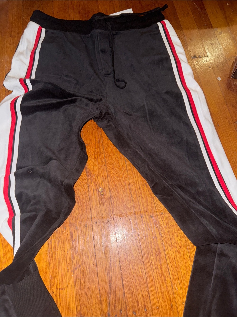 Fashion Nova Black Sweatpants with White & Red Side Stripes